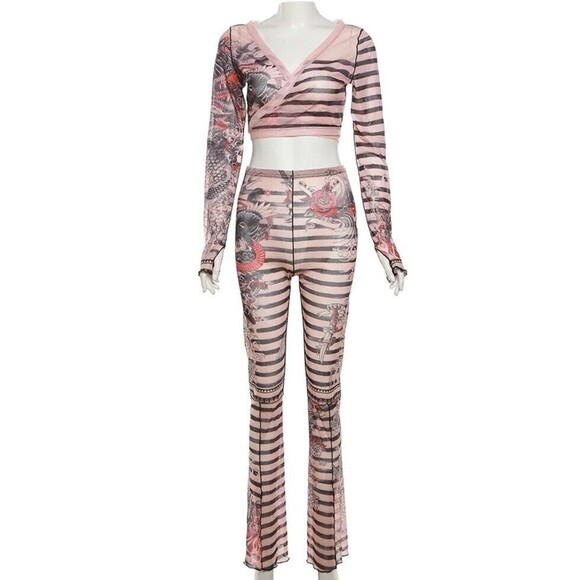 Sexy Sheer Two Piece Pants Set Striped Large Bodycon Tight Clubwear Nude Sailor - Picture 2 of 5